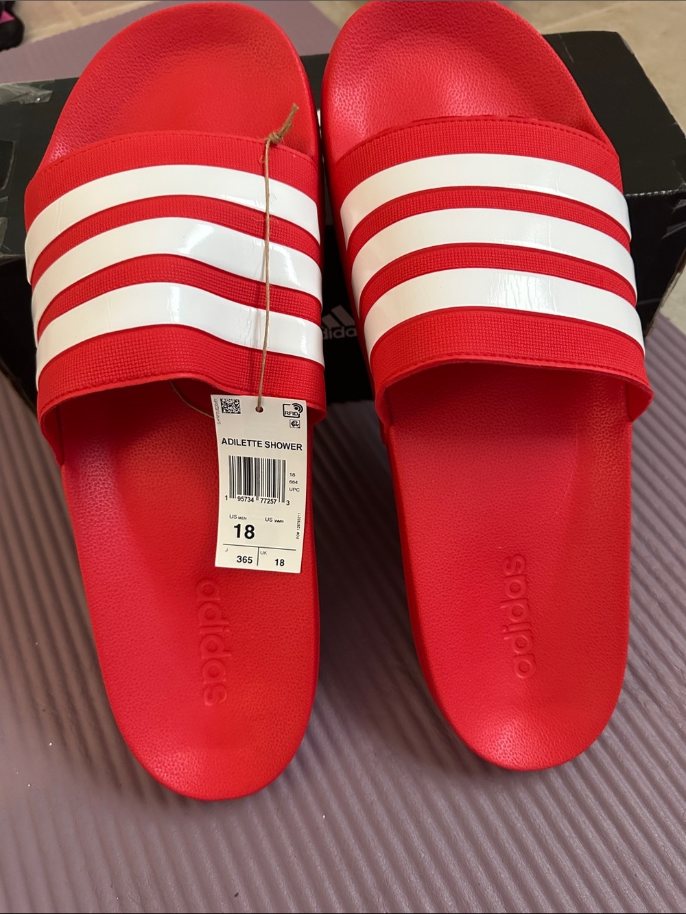 adidas Red Slides with White Stripes